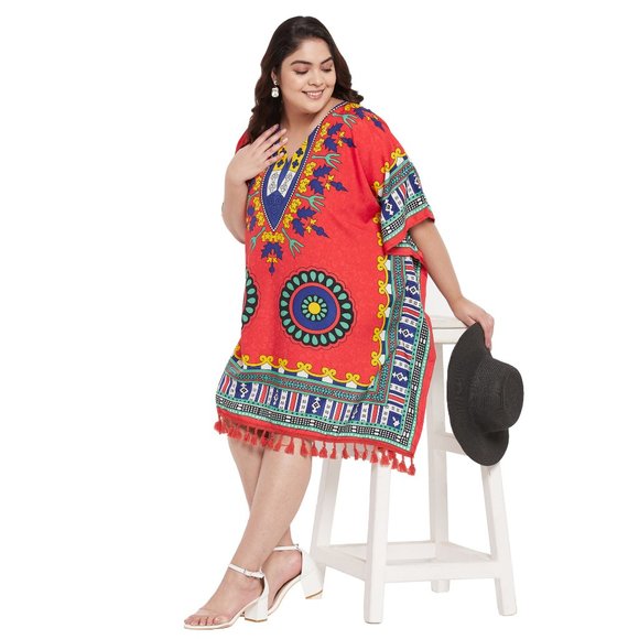 Dashiki Printed Red Polyester Short Caftan Tunic Dress for Women by Gypsie Blu - Picture 7 of 8